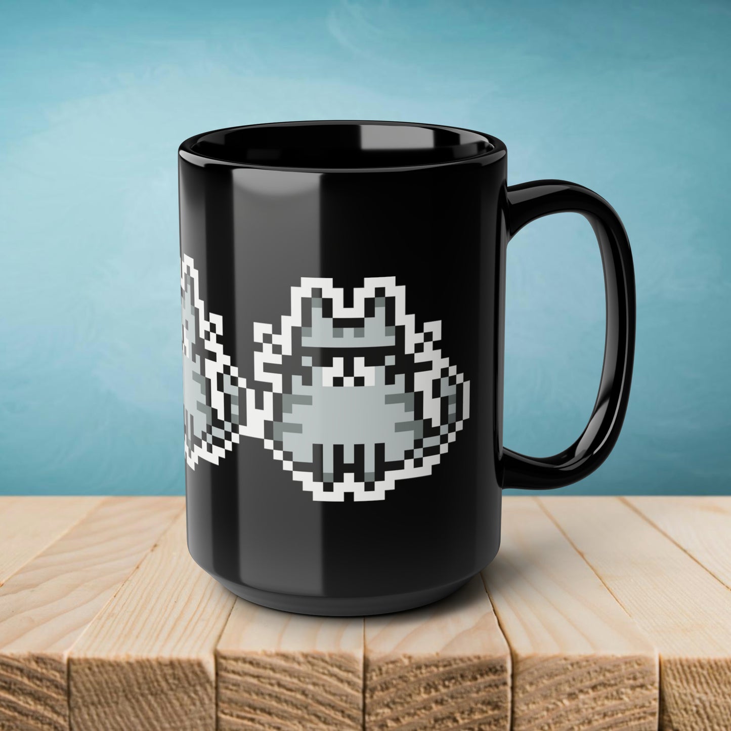 Quirky Trio Cat Pixel Art Design Coffee Mug, Black, Glossy Ceramic, 15 oz