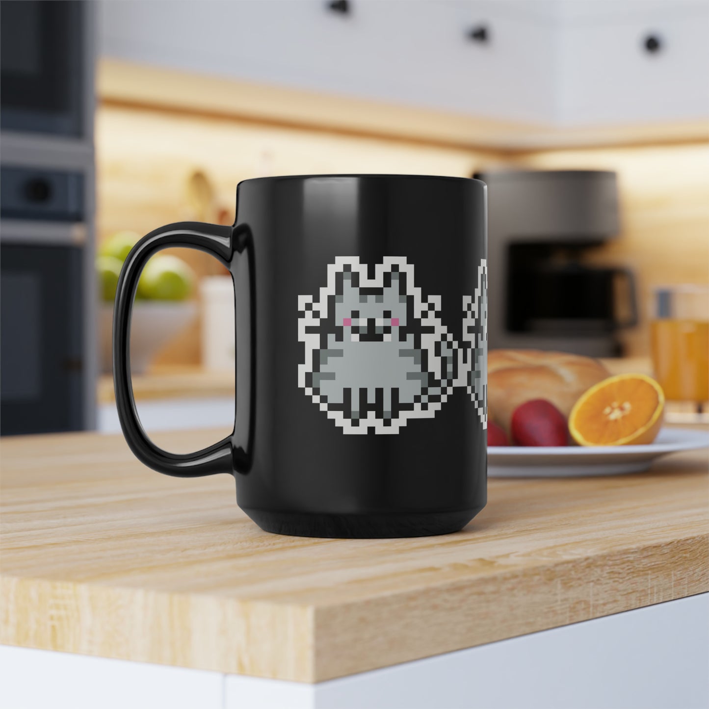 Quirky Trio Cat Pixel Art Design Coffee Mug, Black, Glossy Ceramic, 15 oz