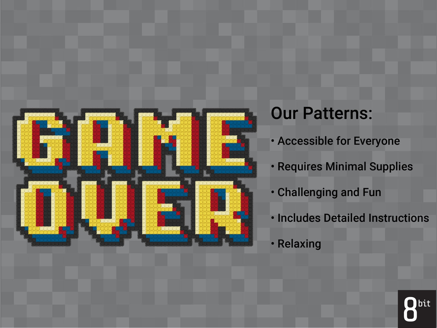 Game Over Pattern | Includes Four Variations | Needlepoint, Plastic Canvas Pattern | Great for Kids, Teens and Adults