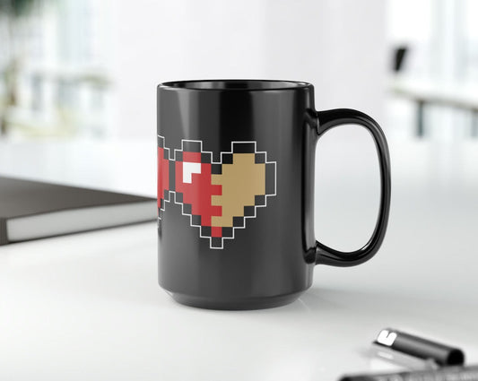 Pixel Life Heart Video Game Themed Black Mug, 15oz