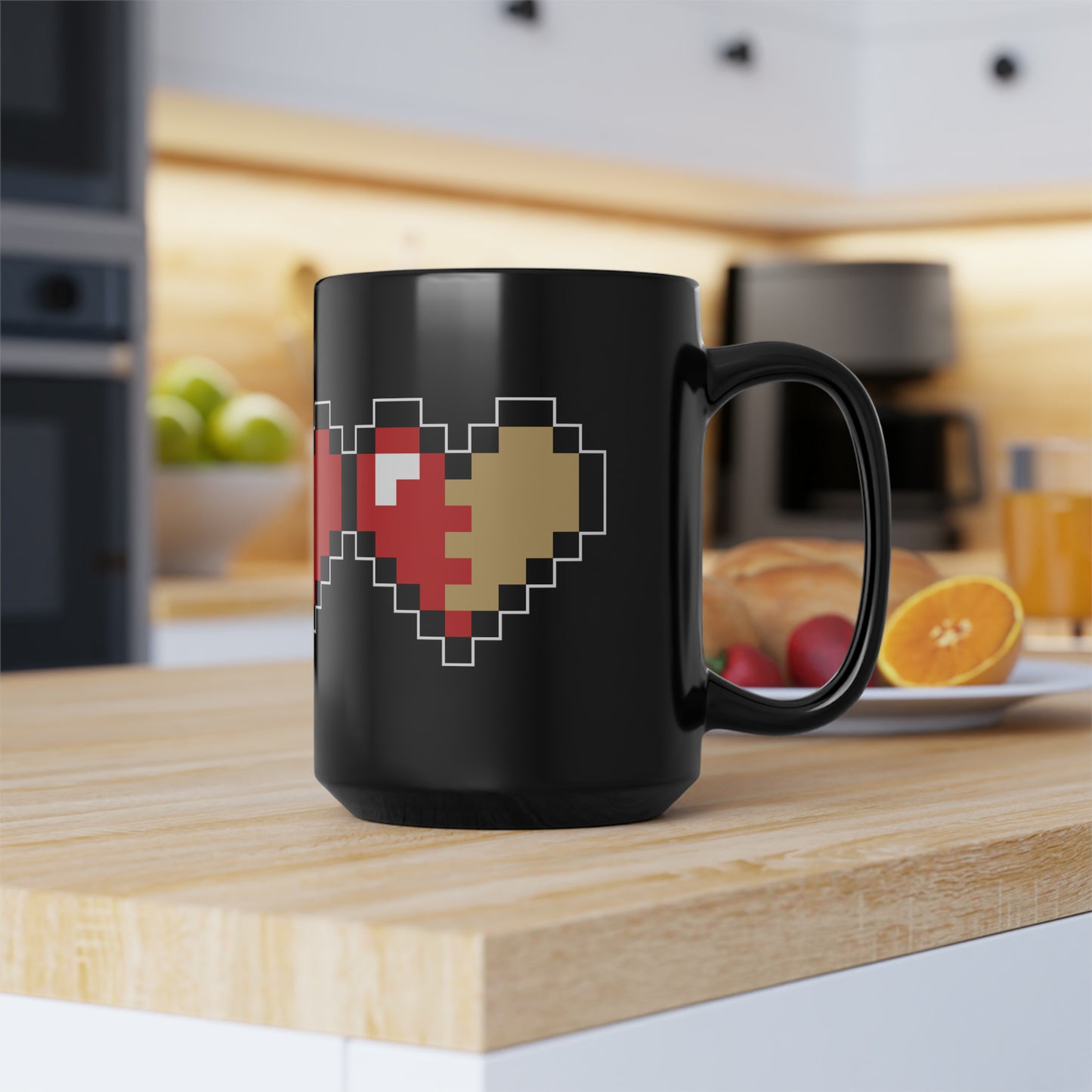 Pixel Life Heart Video Game Themed Black Mug, 15oz