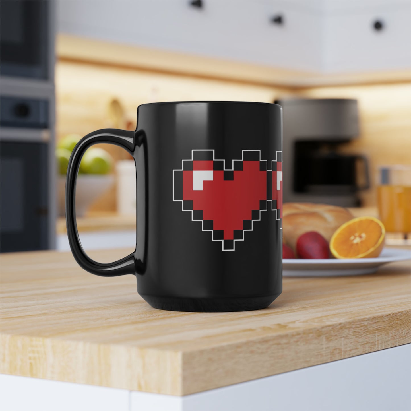 Pixel Life Heart Video Game Themed Black Mug, 15oz