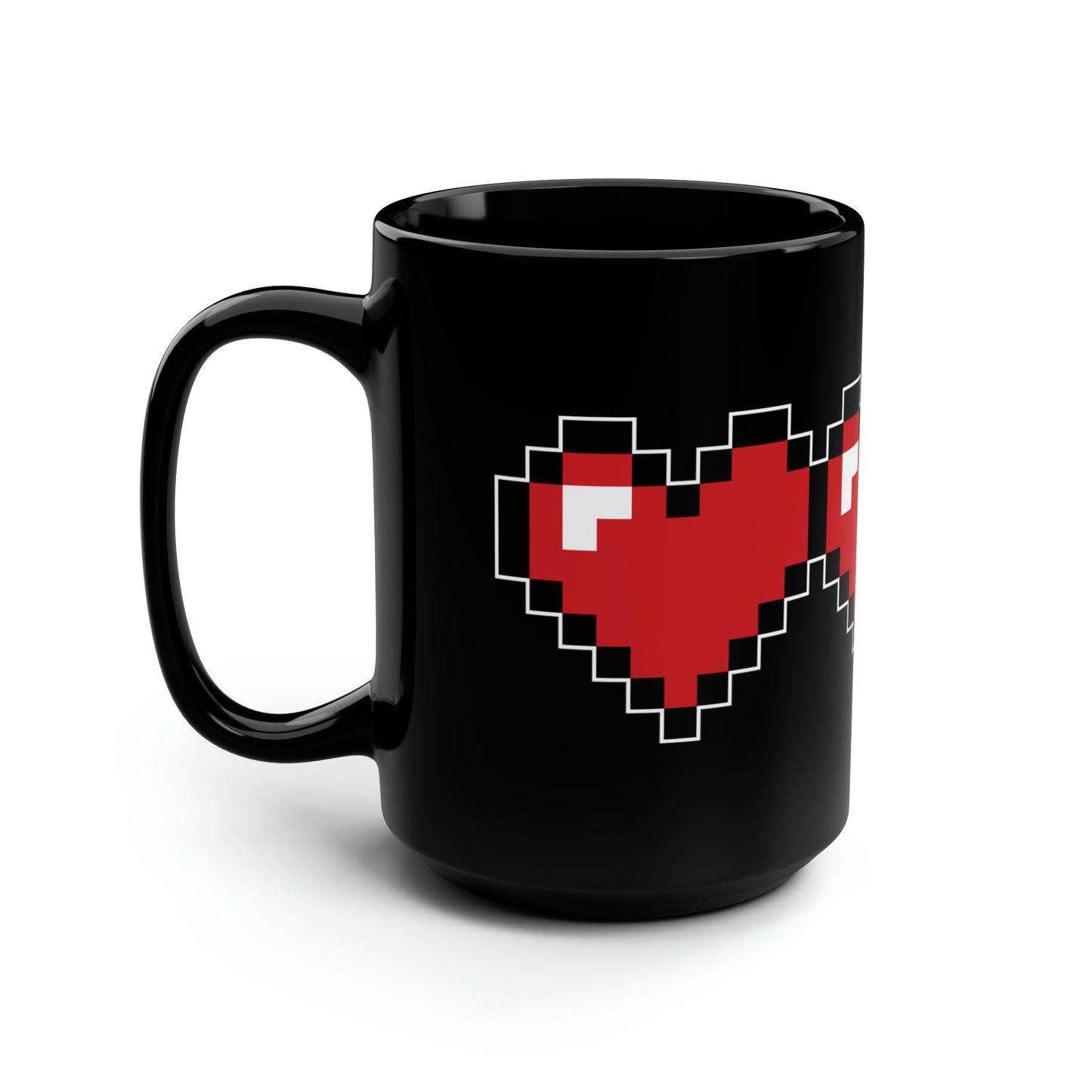 Pixel Life Heart Video Game Themed Black Mug, 15oz